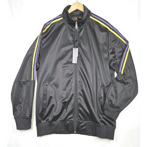 Linea Uomo LU Track Jacket Mens 2XL Black Purple Stripes Velour Full Zip Coat